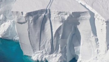The NASA satellite image of the Antarctic ice shelf shows that it is rapidly collapsing